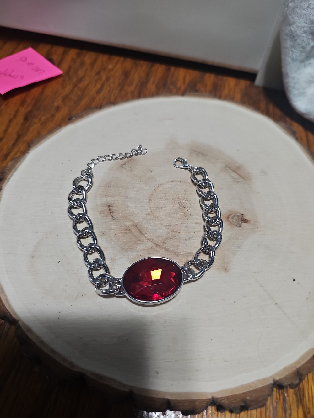 Silver Chain Bracelet with Red Oval Gem 6 To 8 inches With Extender..
